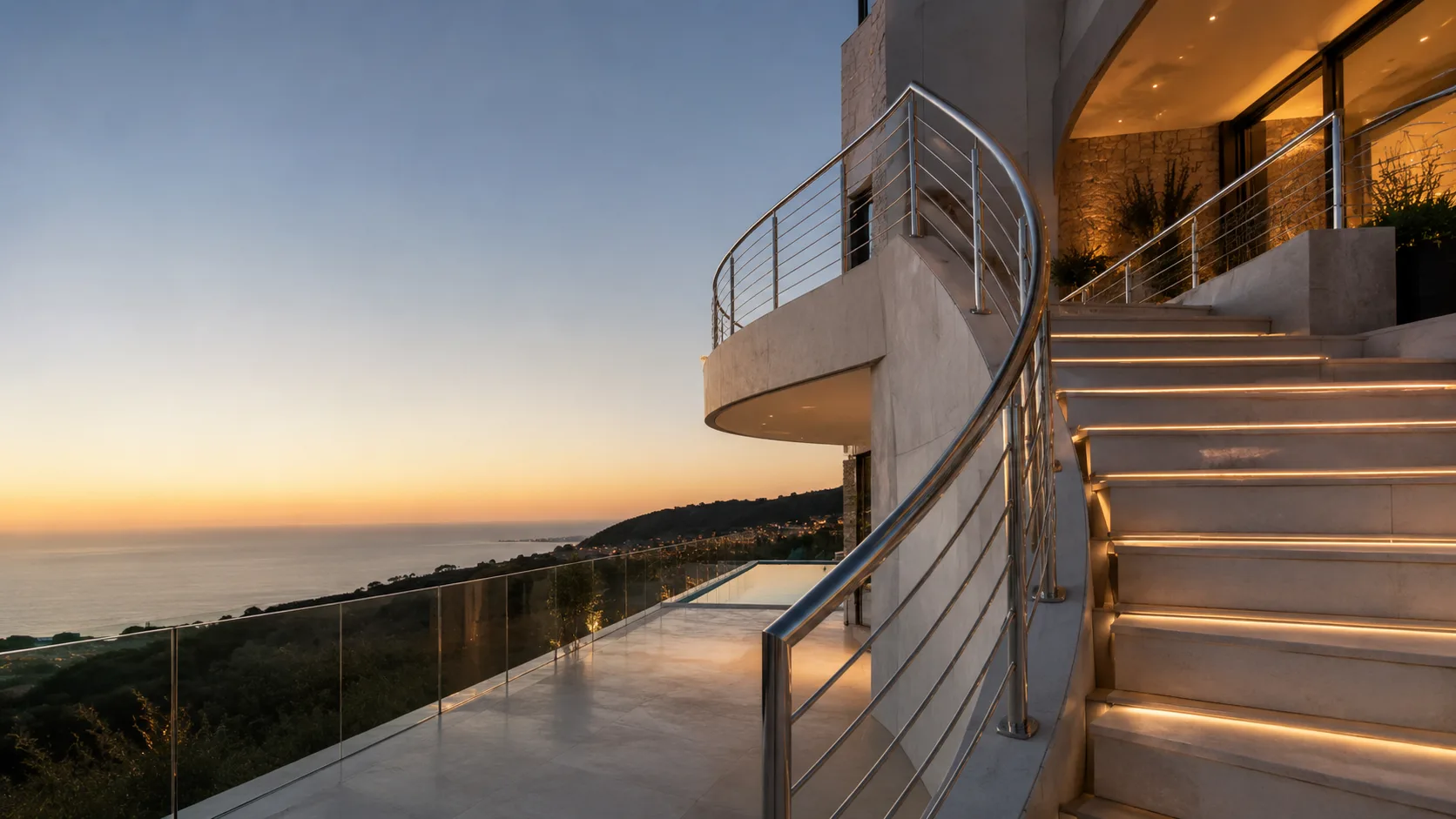 Inox κάγκελα σε ελικοειδή εξωτερική σκάλα κατοικίας με θέα